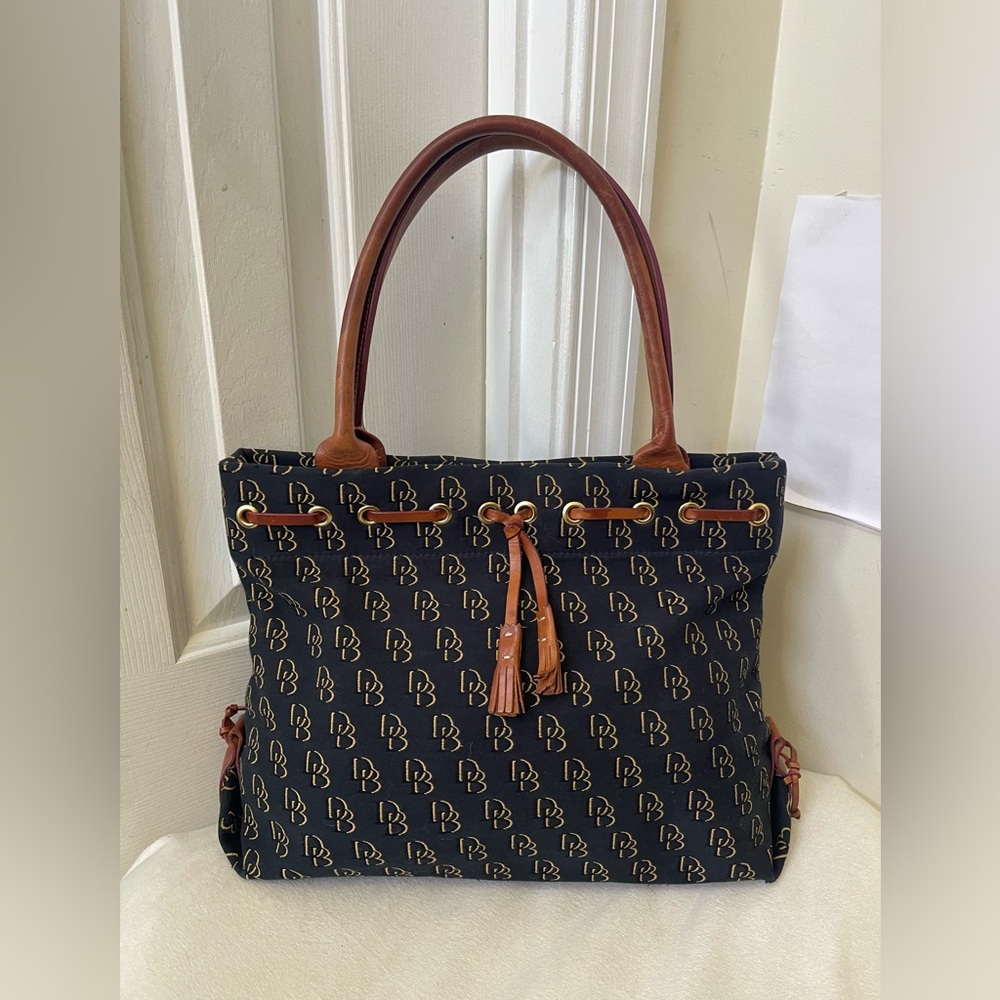 Dooney & Bourke Blue Monogram Tote with Brown Leather Trim - Picture 12 of 13